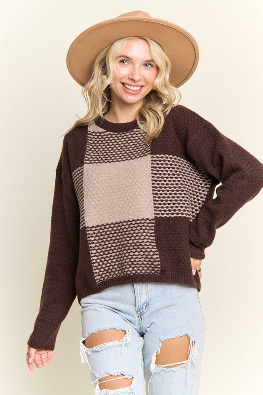 COLORBLOCK CREWNECK SWEATER: BROWN/KHAKI