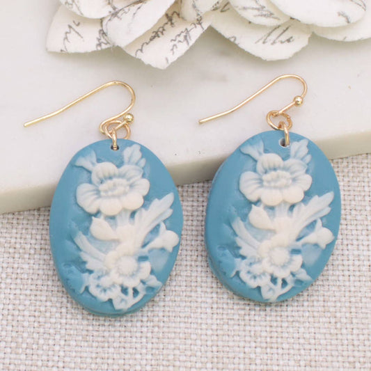 PALE BLUE FLOWER CAMEO EARRINGS