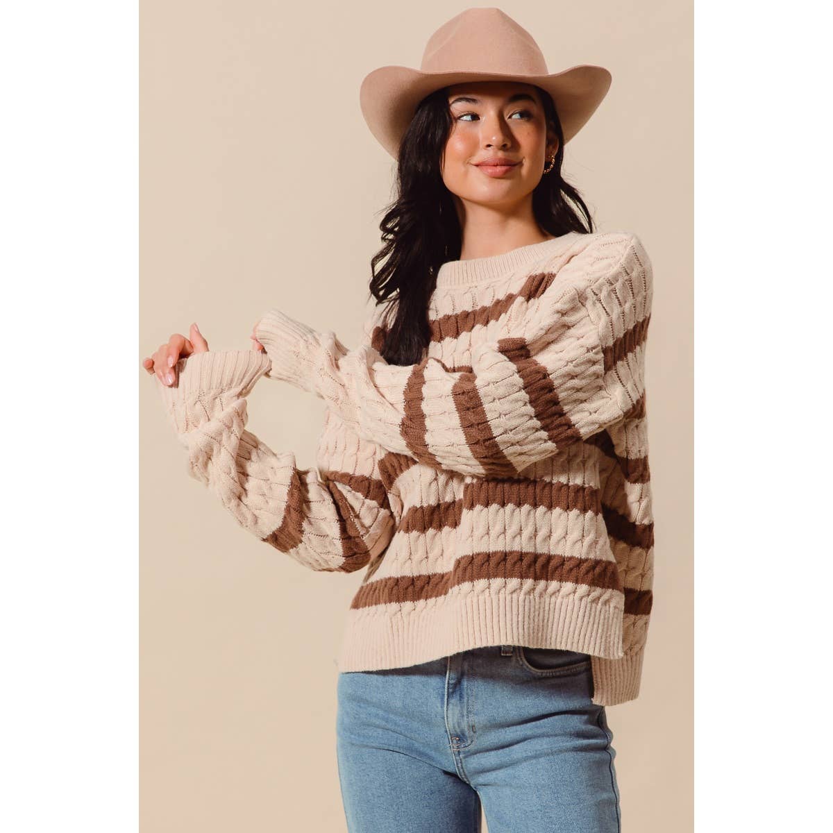 STRIPE CABLE KNIT SWEATER TOP WITH SIDE SLITS