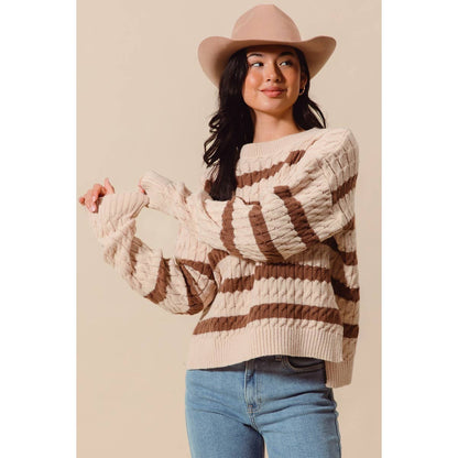 STRIPE CABLE KNIT SWEATER TOP WITH SIDE SLITS