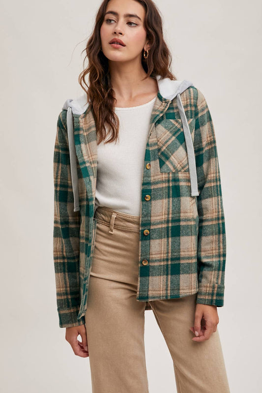 HOODED FLANNEL BUTTON FRONT SHIRT JACKET