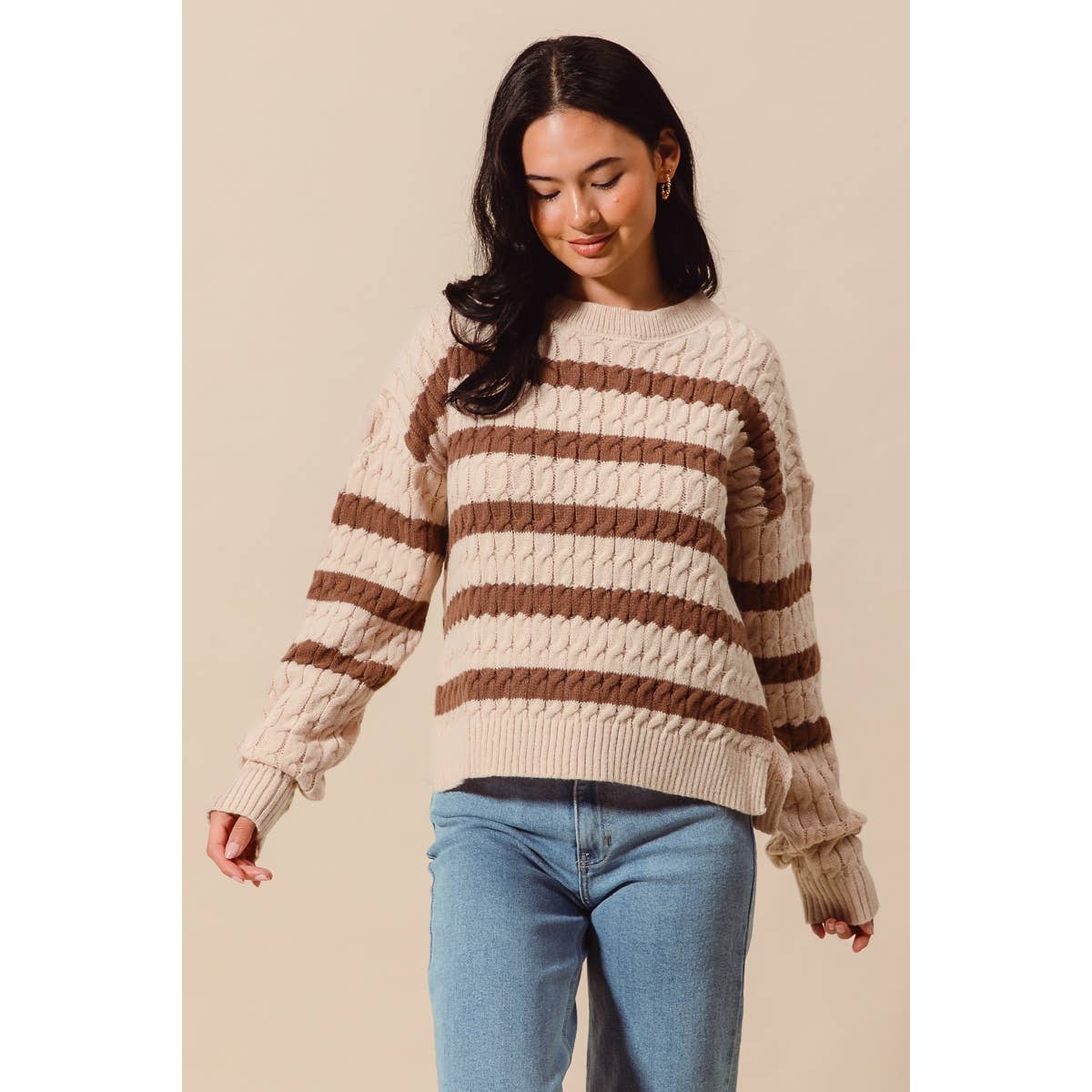 STRIPE CABLE KNIT SWEATER TOP WITH SIDE SLITS