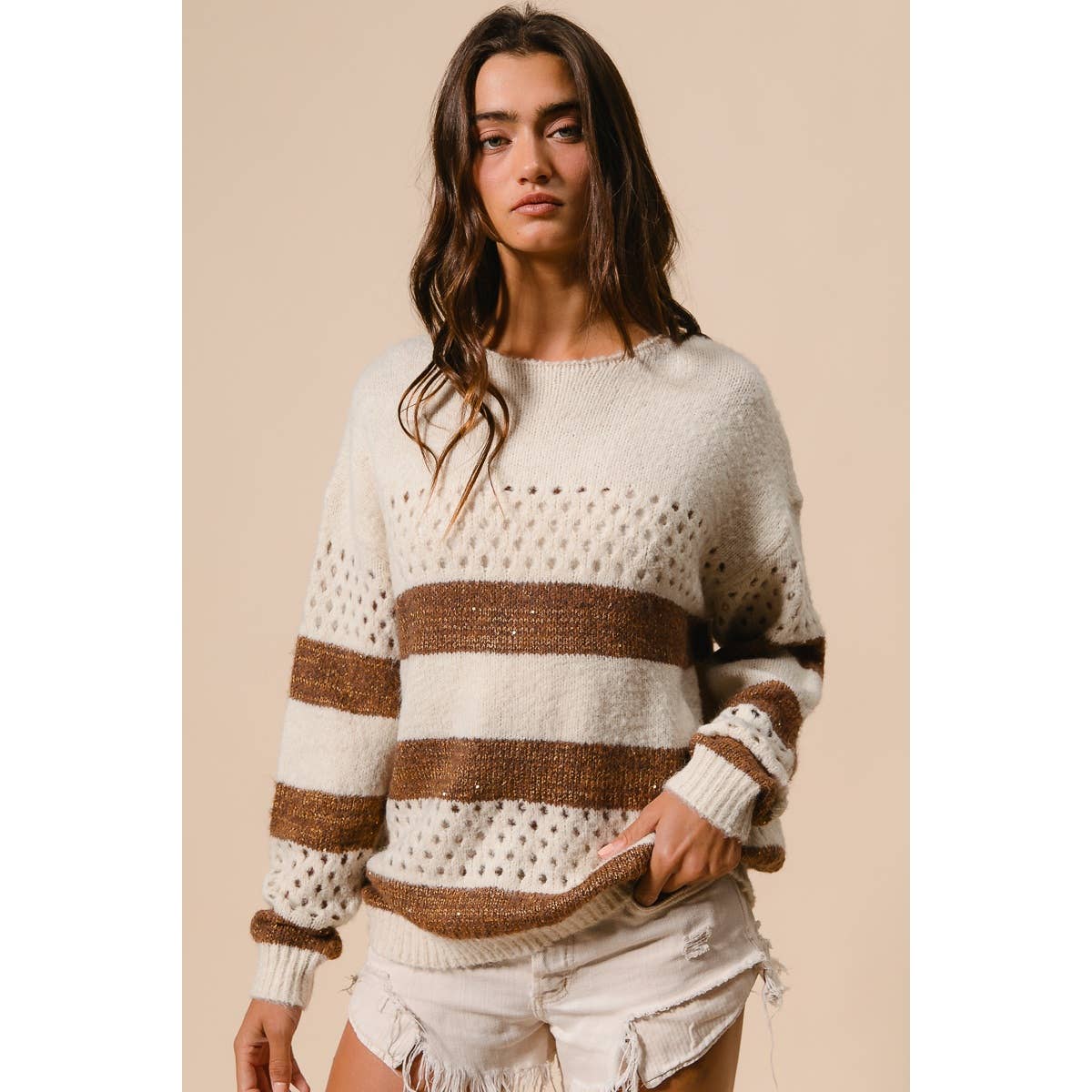 BiBi - STRIPE PATTERNED SWEATER TOP: IVORY/BROWN / M