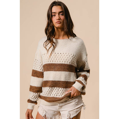 BiBi - STRIPE PATTERNED SWEATER TOP: IVORY/BROWN / M