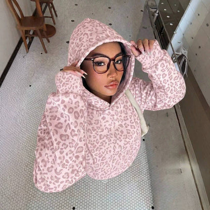 Lovesoft - Leopard Hoodie Oversized Casual Pullover Sweatshirt: Multicolor Floral / 65%viscose+35%polyester / M