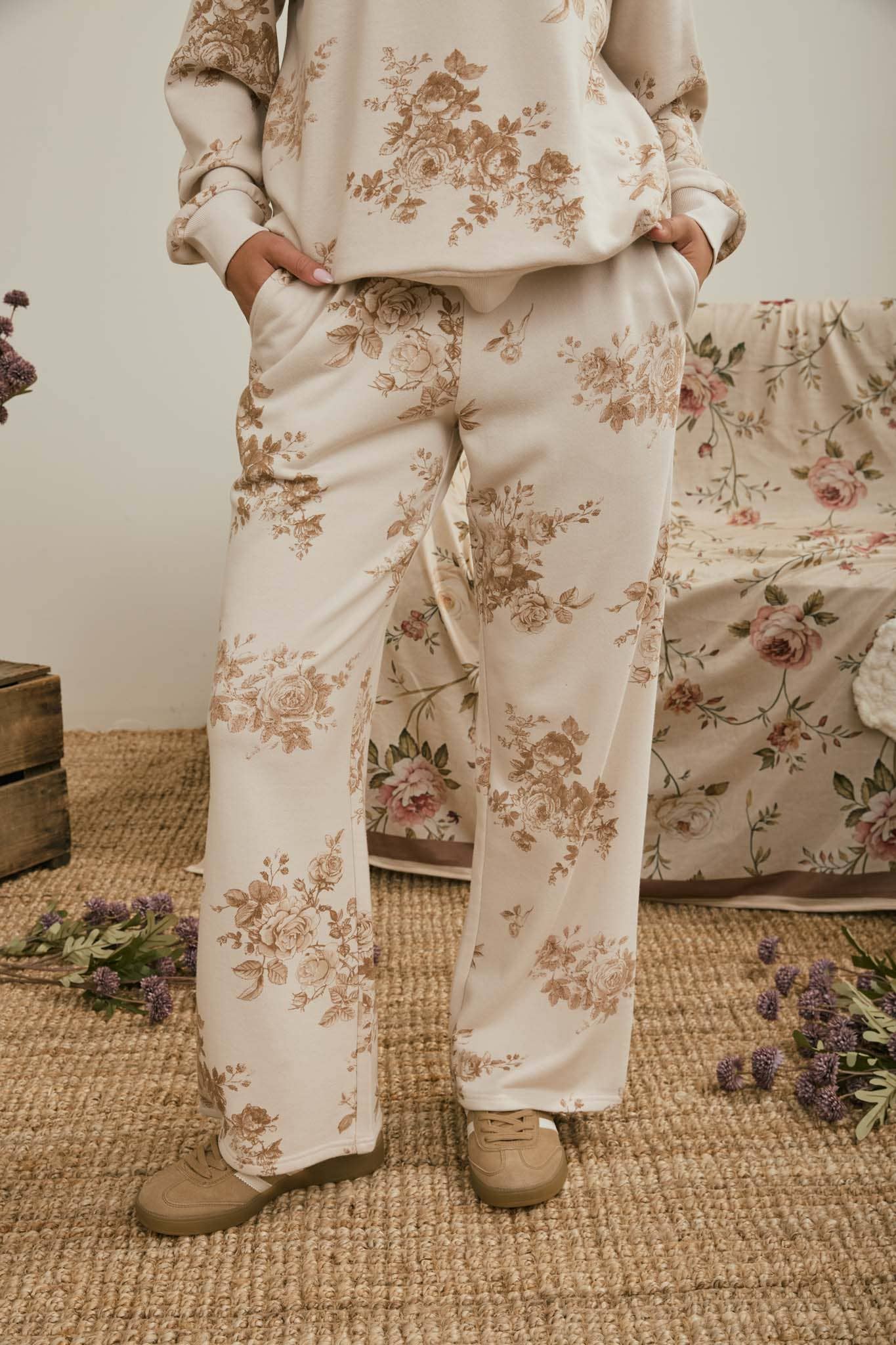 FLORAL TOILE WIDE LEG KNIT LOUNGE PANTS