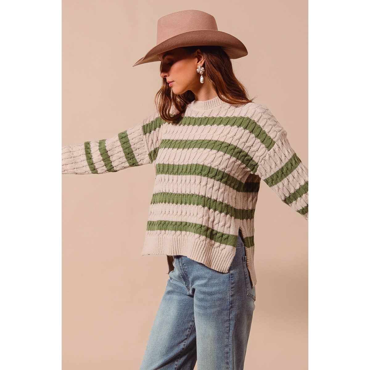 STRIPE CABLE KNIT SWEATER TOP WITH SIDE SLITS