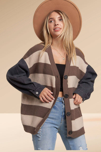 DENIM SLEEVE STRIPE SWEATER CARDIGAN