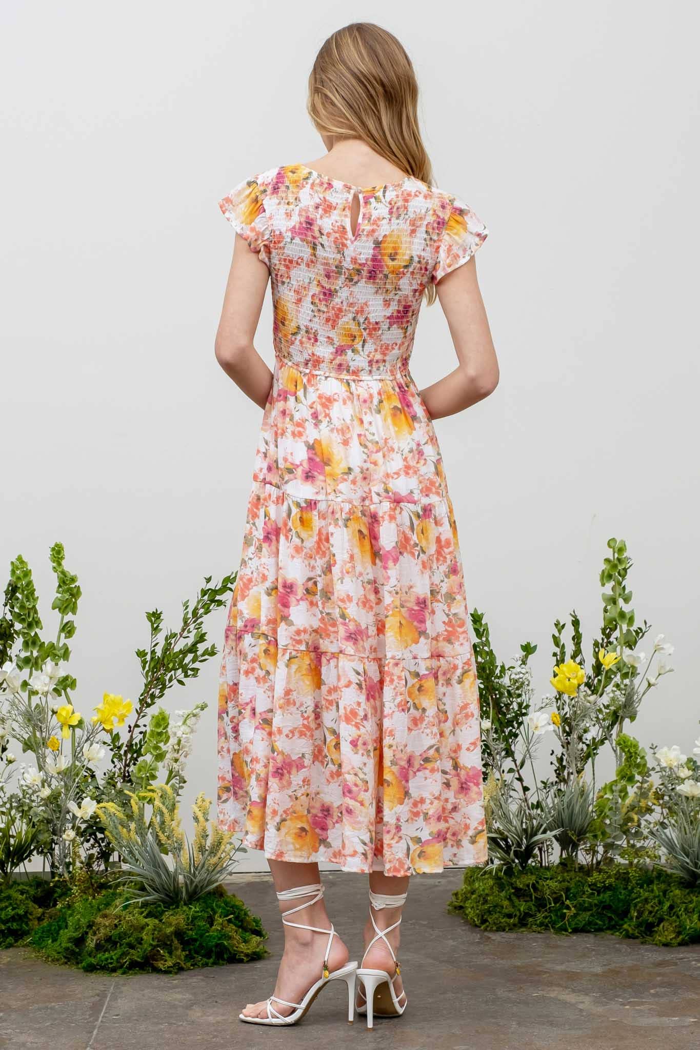 ROUND NECK FLORAL DRESS: IVORY MULTI