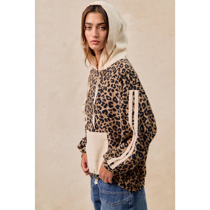 BiBi - WAFFLE THERMAL AND LEOPARD MIX AND MATCH HOODIE: LEOPARD/OATMEAL / L