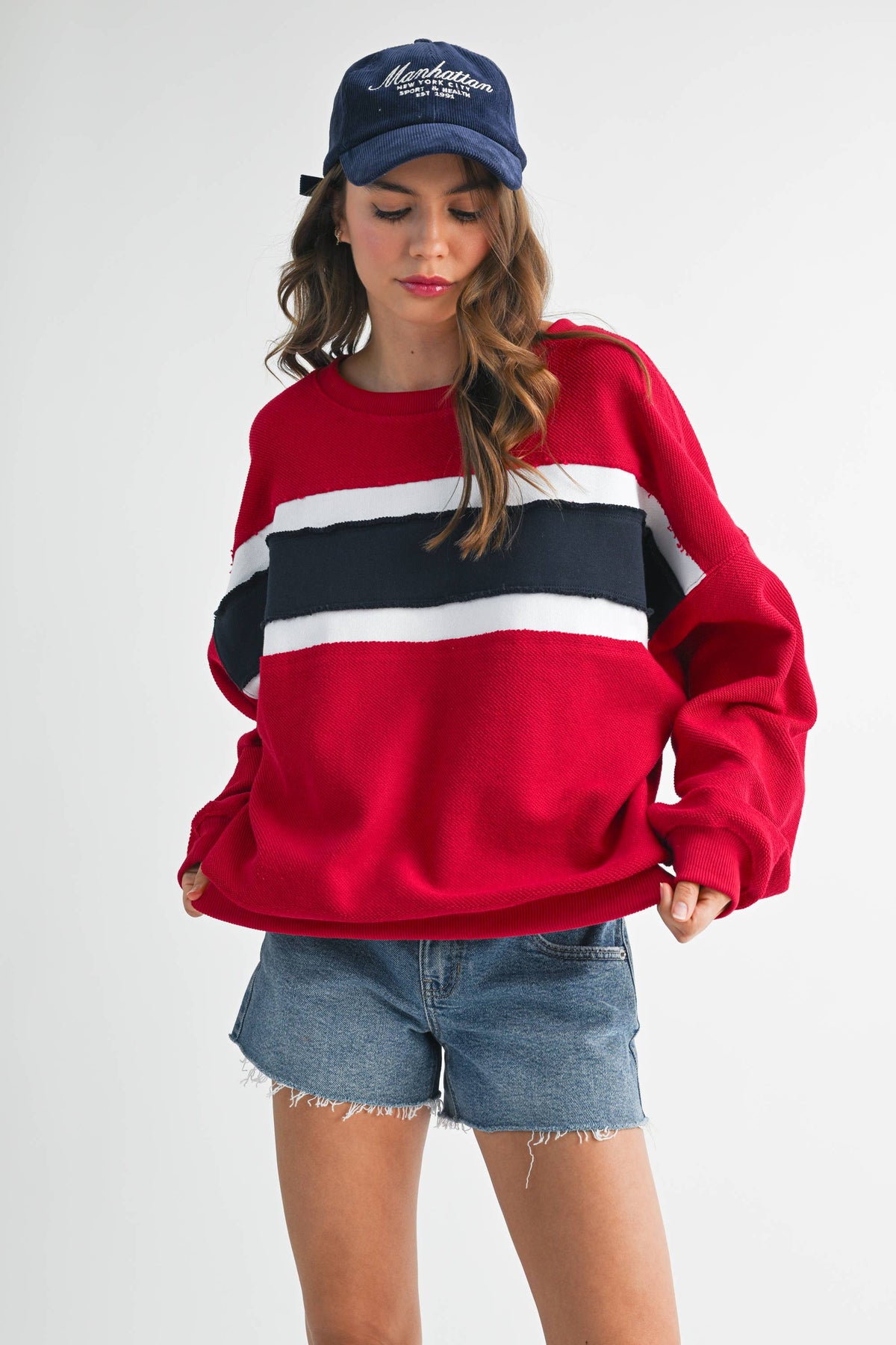 AEMI + CO - 846AD Winnie Sweatshirt: Navy/Ivory/Tan / L / Top