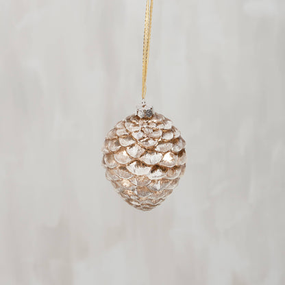 GLASS SNOWY PINECONE CHRISTMAS ORNAMENT