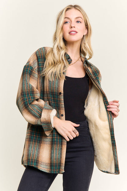 ADORA LA - CEJ4140-PLAID SHERPA-LINED BUTTON DOWN SHACKET: Navy / S-M-L(2-2-2)
