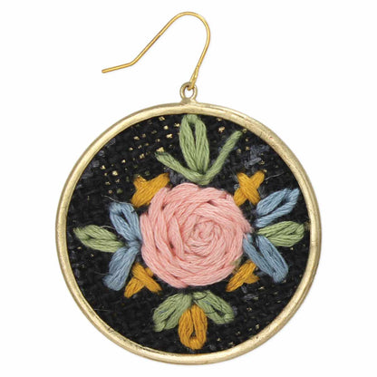 ZAD - Black Floral Cross Stitch Gold Earrings