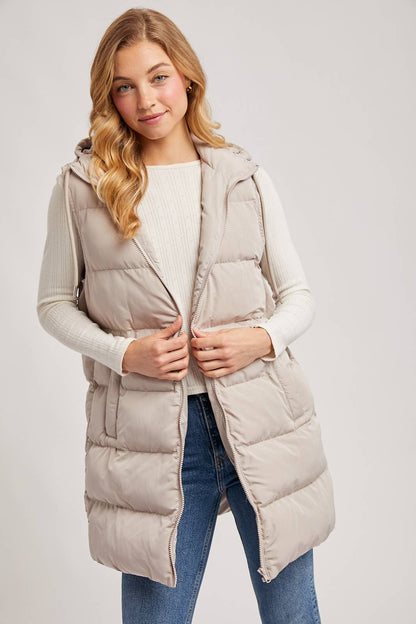 BLACK OR BEIGE HOODED ZIPPER DOWN LONGLINE PUFFER VEST