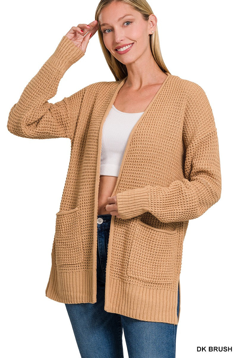 LOW GAUGE WAFFLE OPEN CARDIGAN SWEATER DARK BRUSH