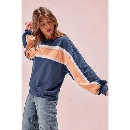 BiBi - FRENCH TERRY COLOR BLOCK SWEATSHIRT: INDIGO/MUSTARD/IVORY / XL