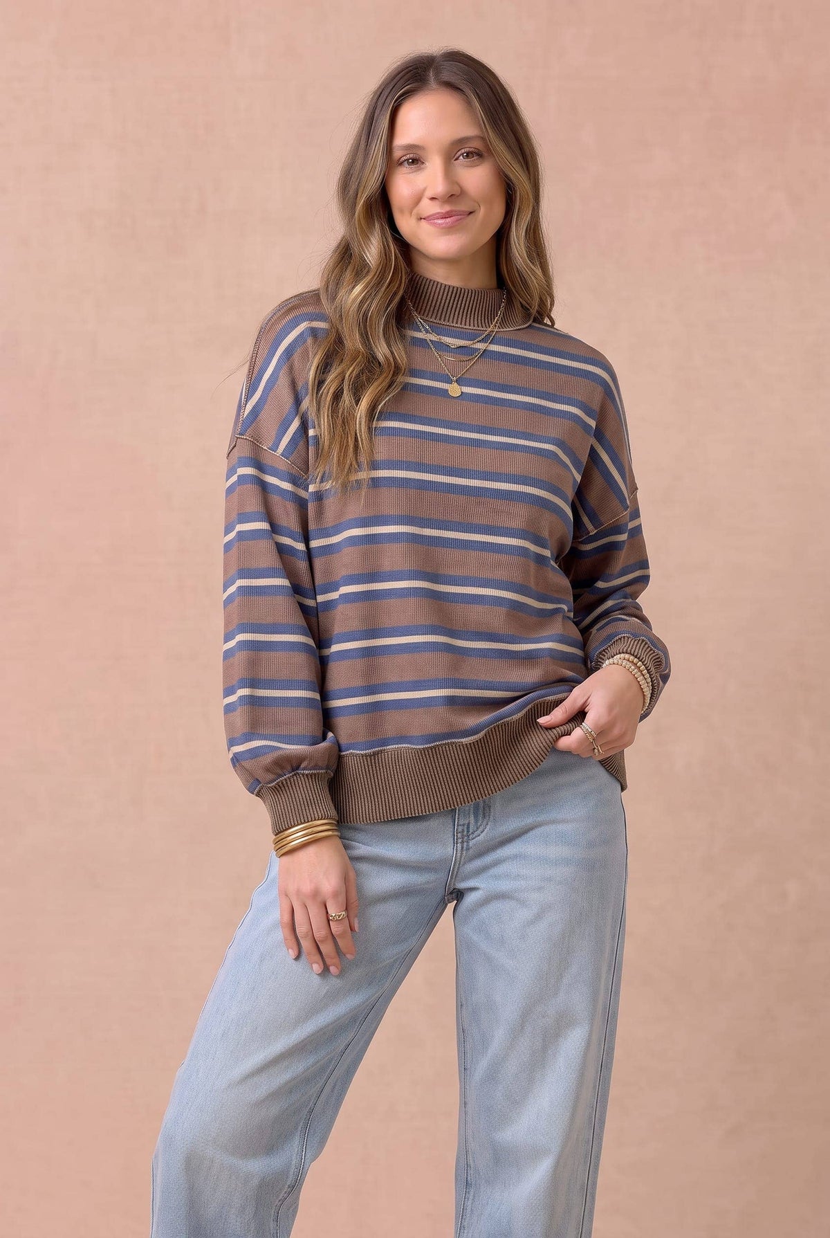 Haptics - Striped Mock Neck Balloon Sleeve Knit Top: MOCHA / L