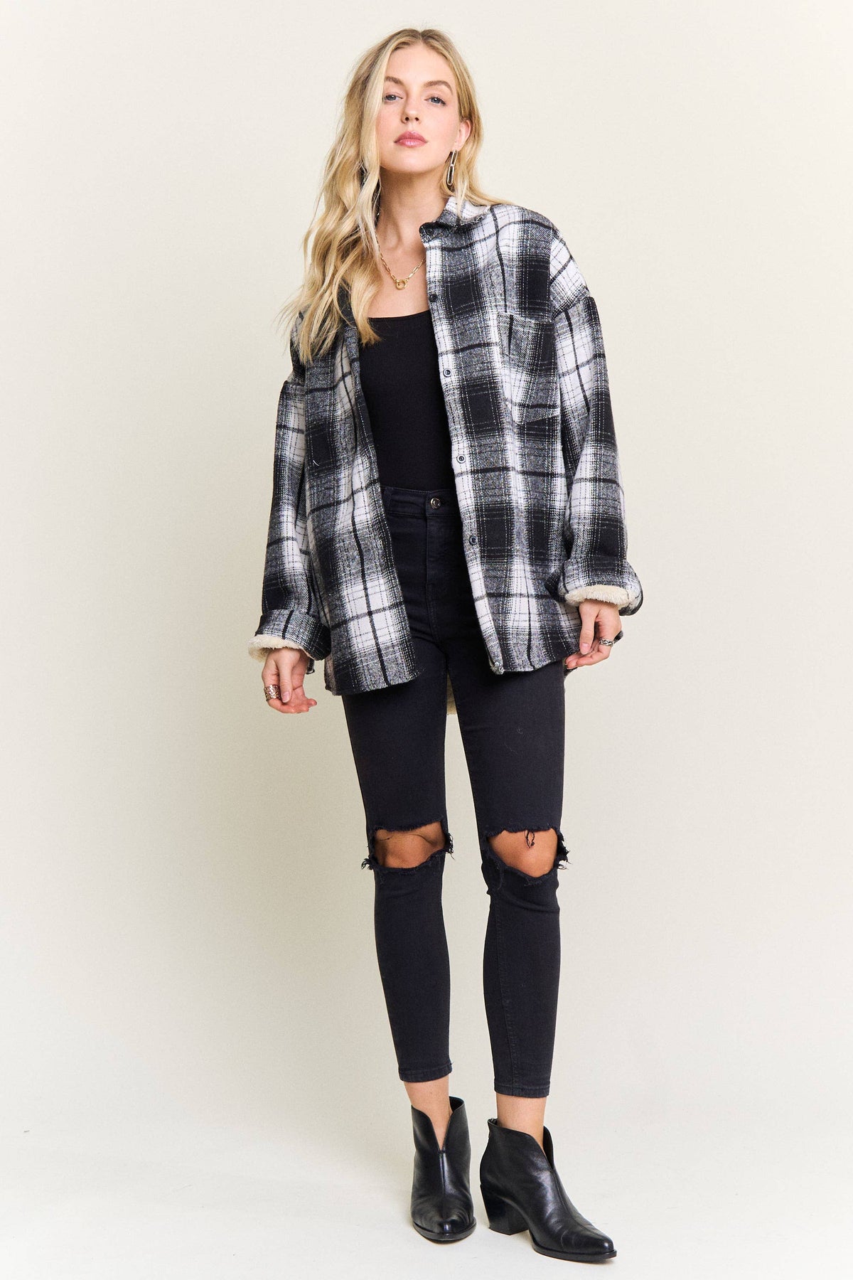 ADORA LA - CEJ4140-PLAID SHERPA-LINED BUTTON DOWN SHACKET: Navy / S-M-L(2-2-2)