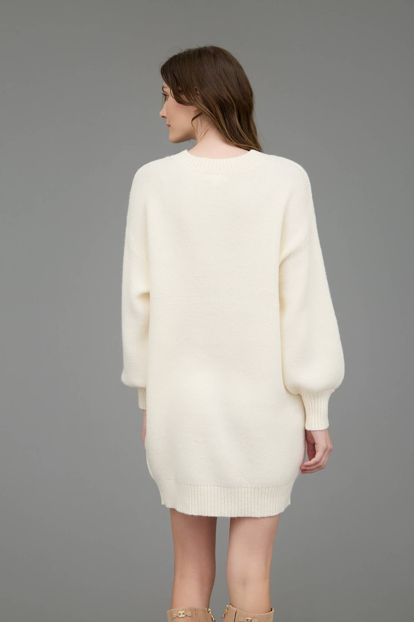 HALF BUTTON LONG SLEEVE MINI SWEATER DRESS