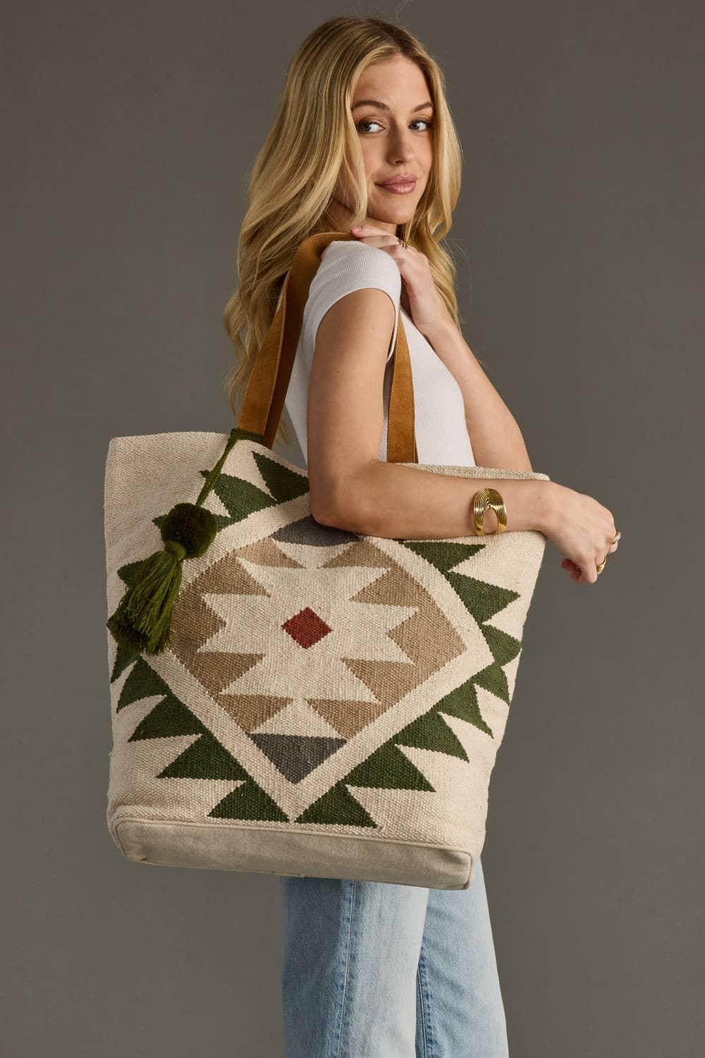 CREAM, GREEN & TAN WESTERN TOTE