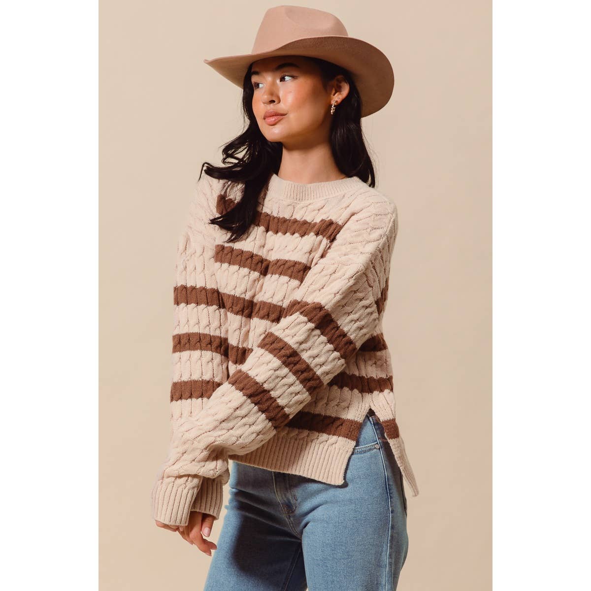 STRIPE CABLE KNIT SWEATER TOP WITH SIDE SLITS