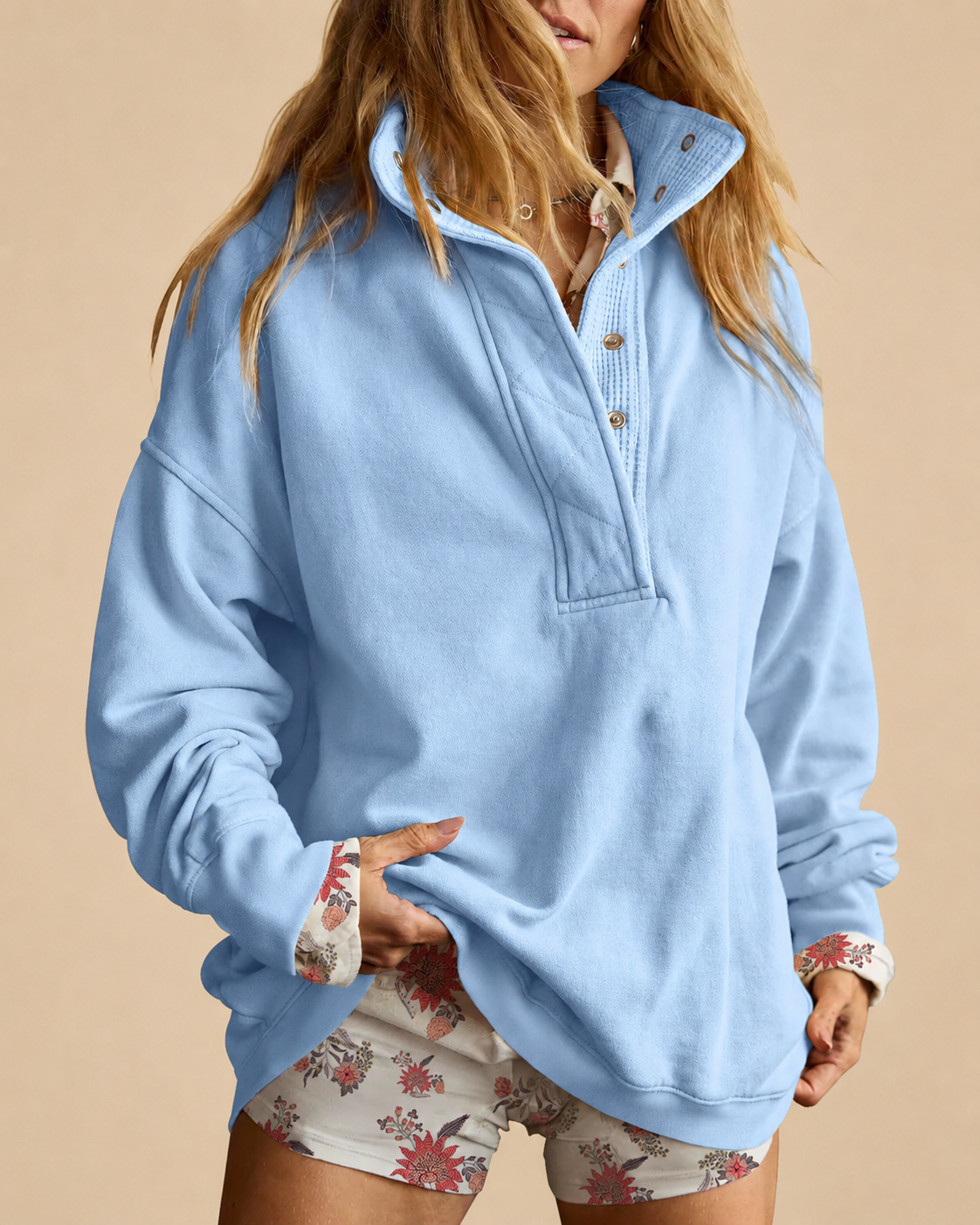 Lovesoft - Solid Fleece Sweatshirt Casual Oversized Snap Collar: Navy / 65%Polyester+30%Viscose   +5%Elastane / M