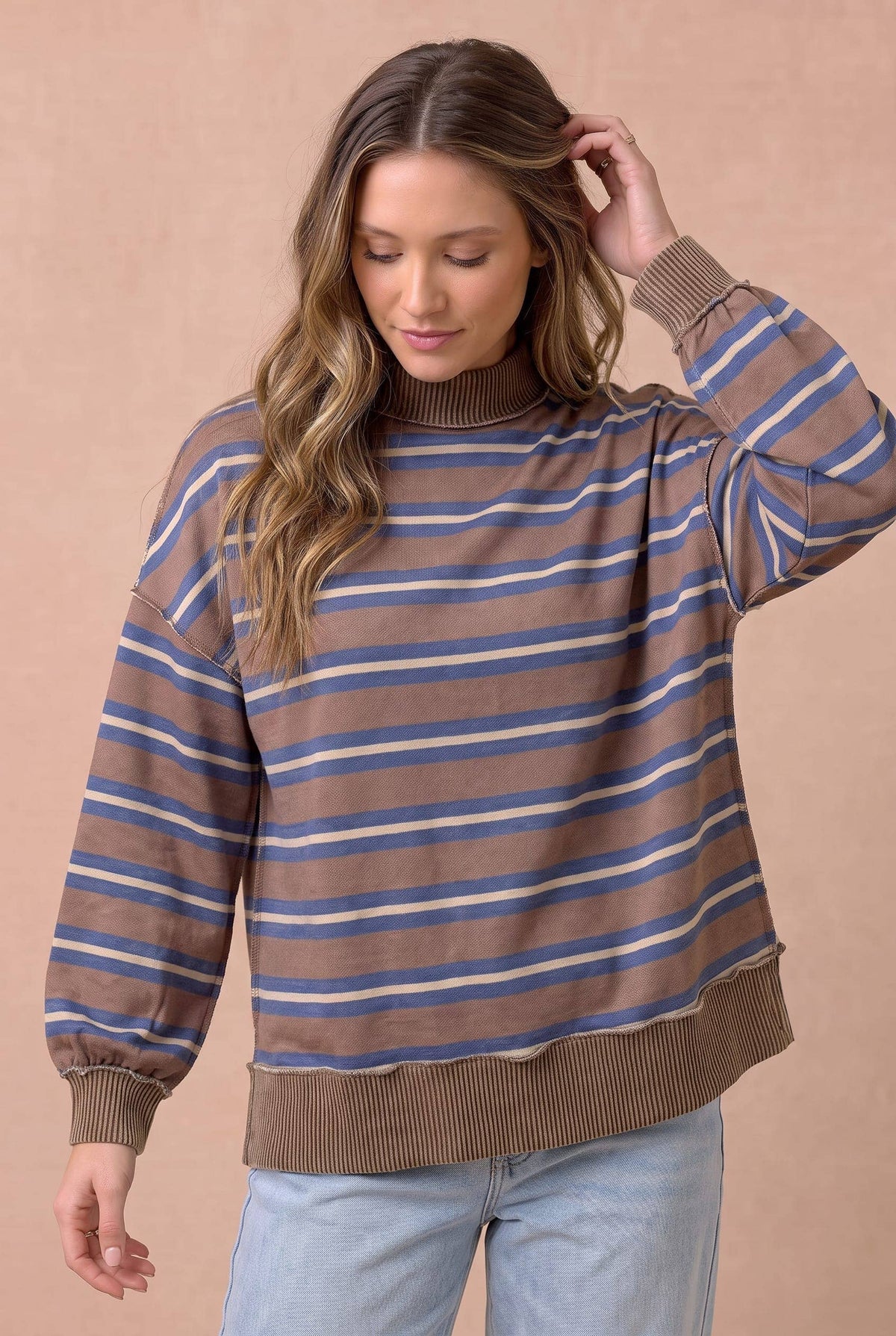 Haptics - Striped Mock Neck Balloon Sleeve Knit Top: MOCHA / S