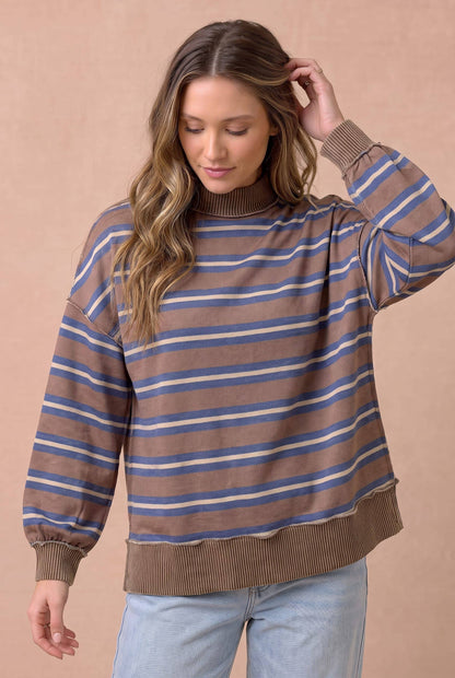 Haptics - Striped Mock Neck Balloon Sleeve Knit Top: MOCHA / S
