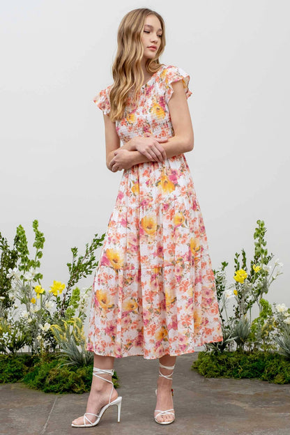 ROUND NECK FLORAL DRESS: IVORY MULTI