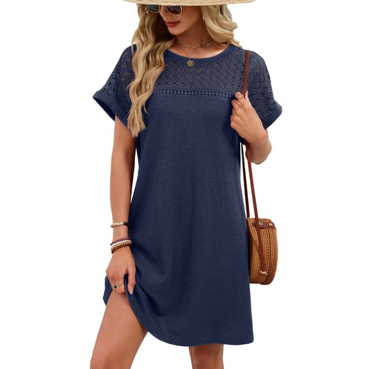 Lovesoft - Lace Patchwork Casual Short Sleeve Loose Summer Dress: Navy Blue / 65%Rayon 30%Polyester 5%Spandex / S