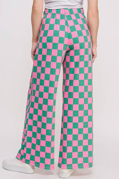 JADE BY JANE - HIGH WAIST CHECKERED STRAIGHT LEG KNIT PANTS: PINK/BROWN / L