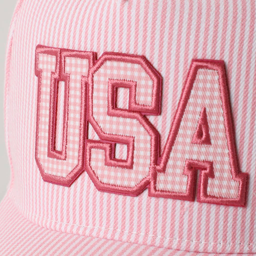 USA EMBROIDERED PATCH GINGHAM STRIPE TRUCKER HAT