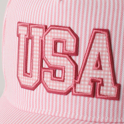 USA EMBROIDERED PATCH GINGHAM STRIPE TRUCKER HAT