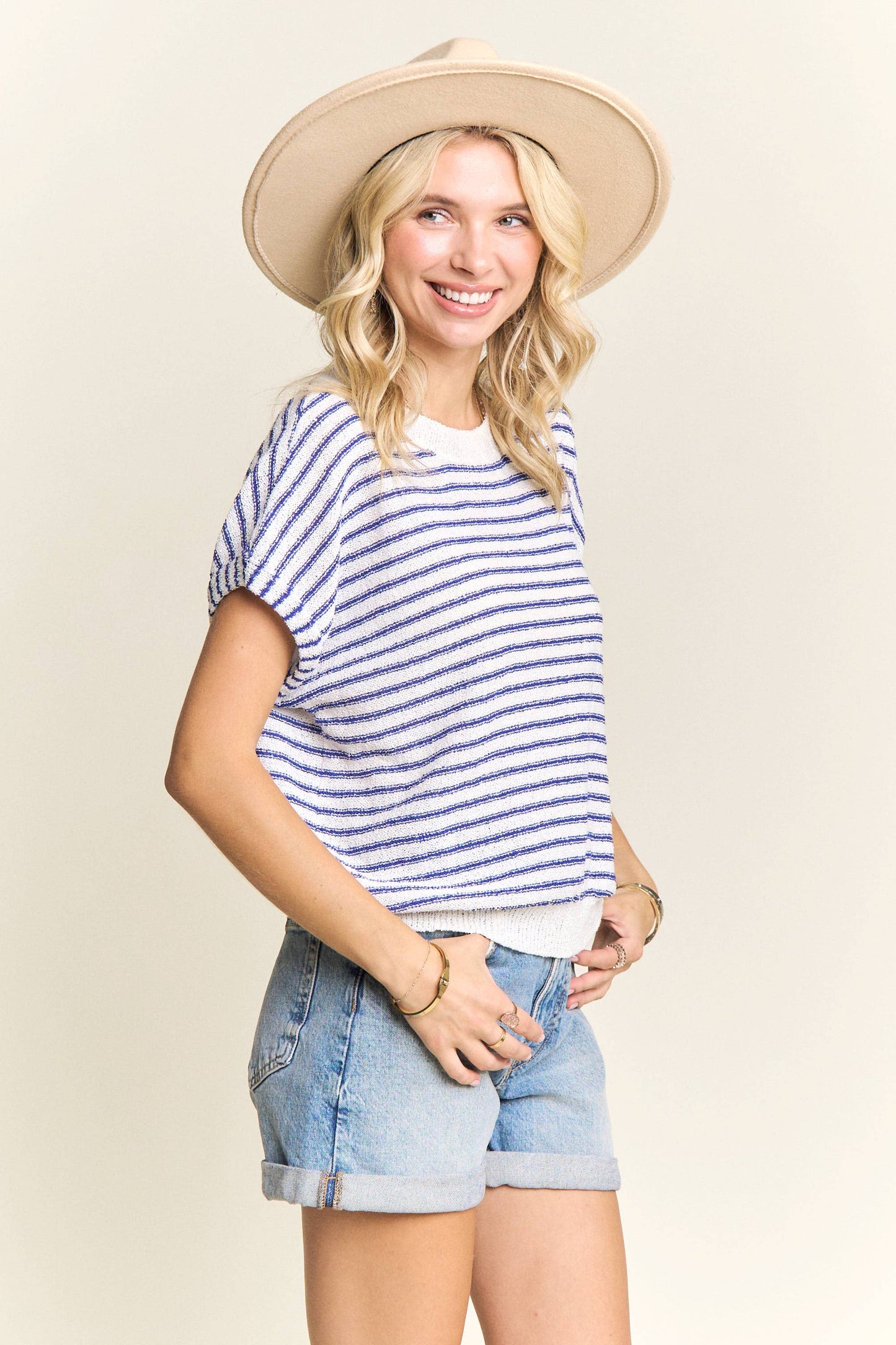 TORI STRIPED CASUAL SHORT SLEEVE KNIT TOP
