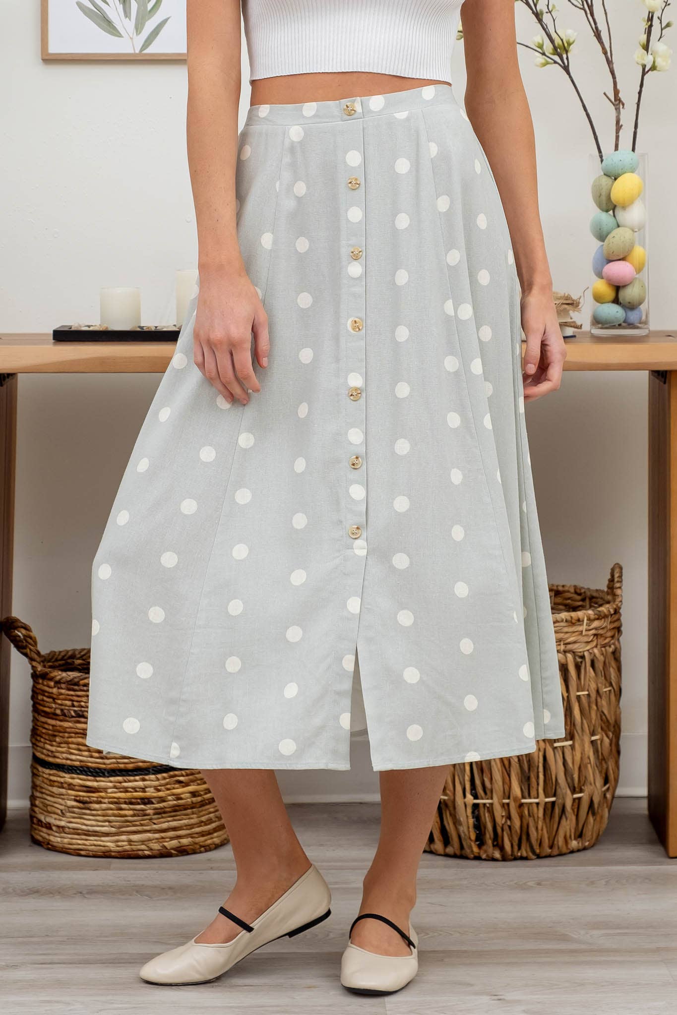 POLKA DOT BUTTON DOWN MIDI SKIRT