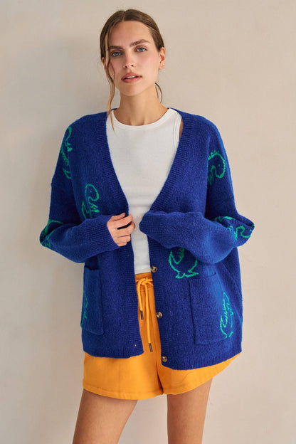 JADE BY JANE - DINOSAUR PATTERN KNIT CARDIGAN: BLACK / S/M