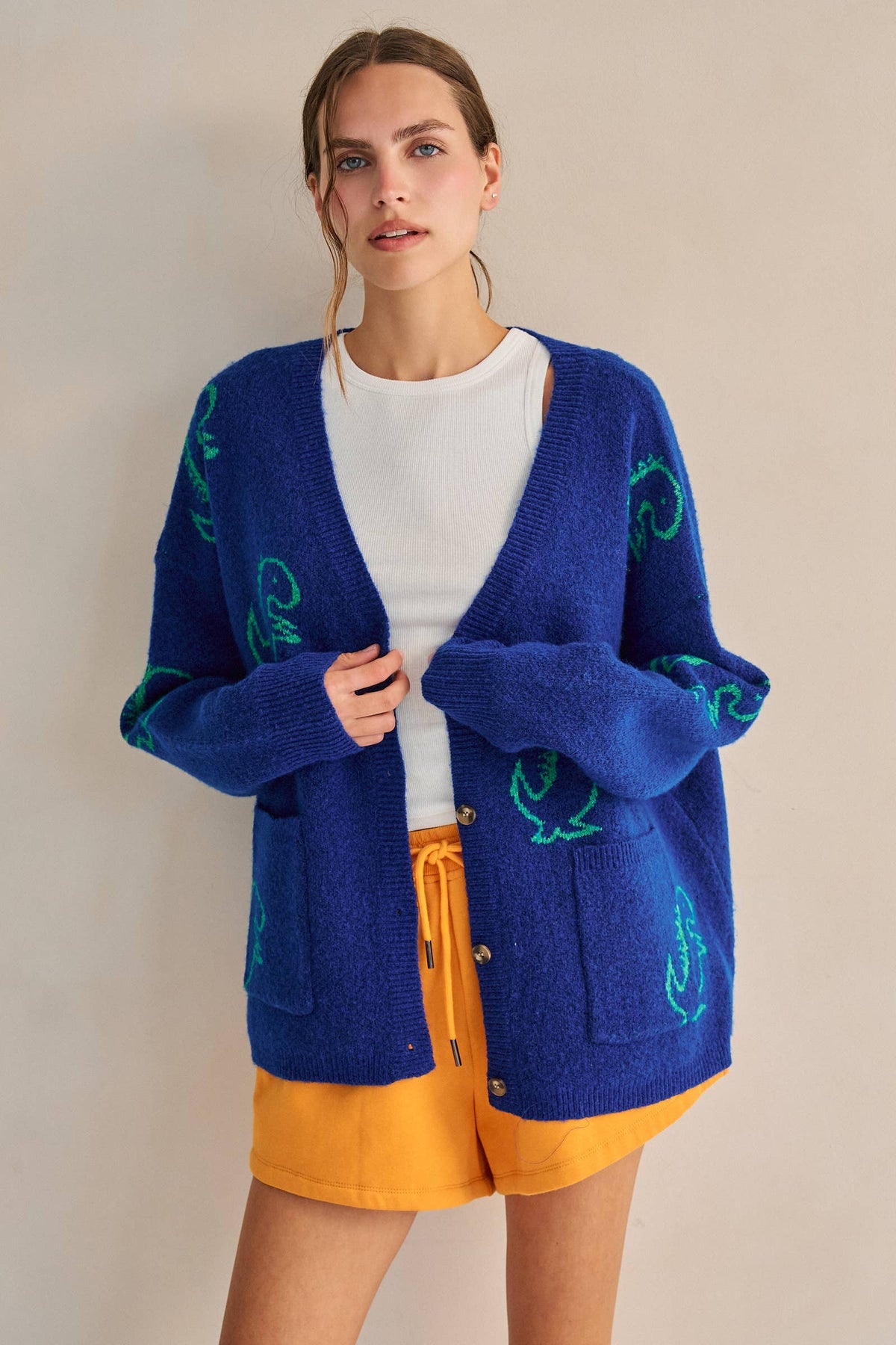 JADE BY JANE - DINOSAUR PATTERN KNIT CARDIGAN: BLACK / L/XL
