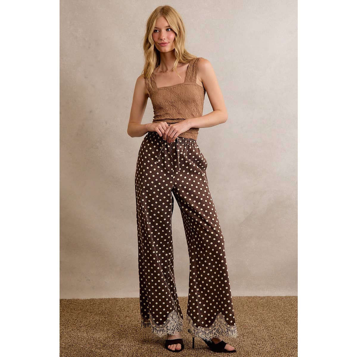 LACE TRIM WIDE LEG ELASTIC MID RISE POLKA DOT PANTS: