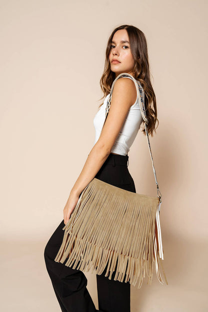 SADIE SUEDE FRINGE CROSSBODY WITH GUITER STRAP