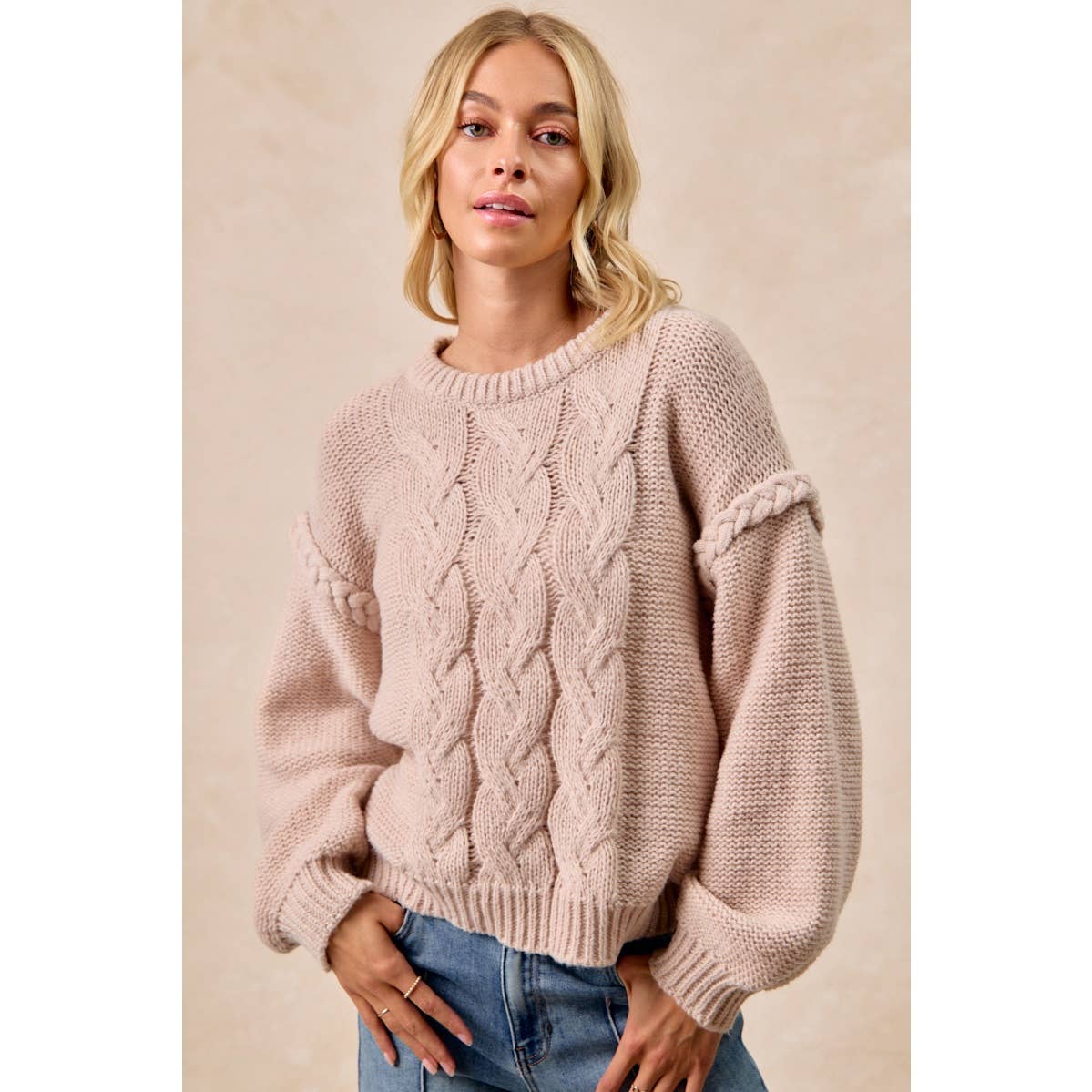 CABLE KNIT SWEATER TOP WITH SHOULDER BRAID DETAIL
