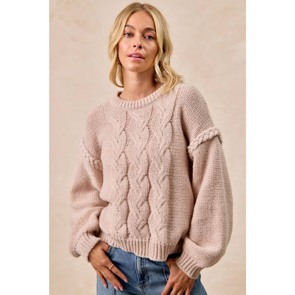 CABLE KNIT SWEATER TOP WITH SHOULDER BRAID DETAIL