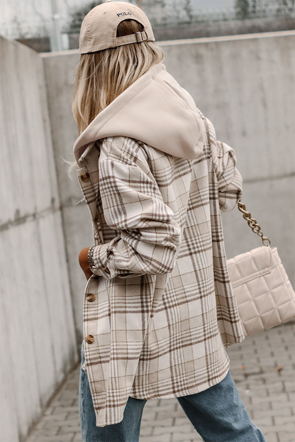 KHAKI PLAID HOODED BUTTON SHACKET