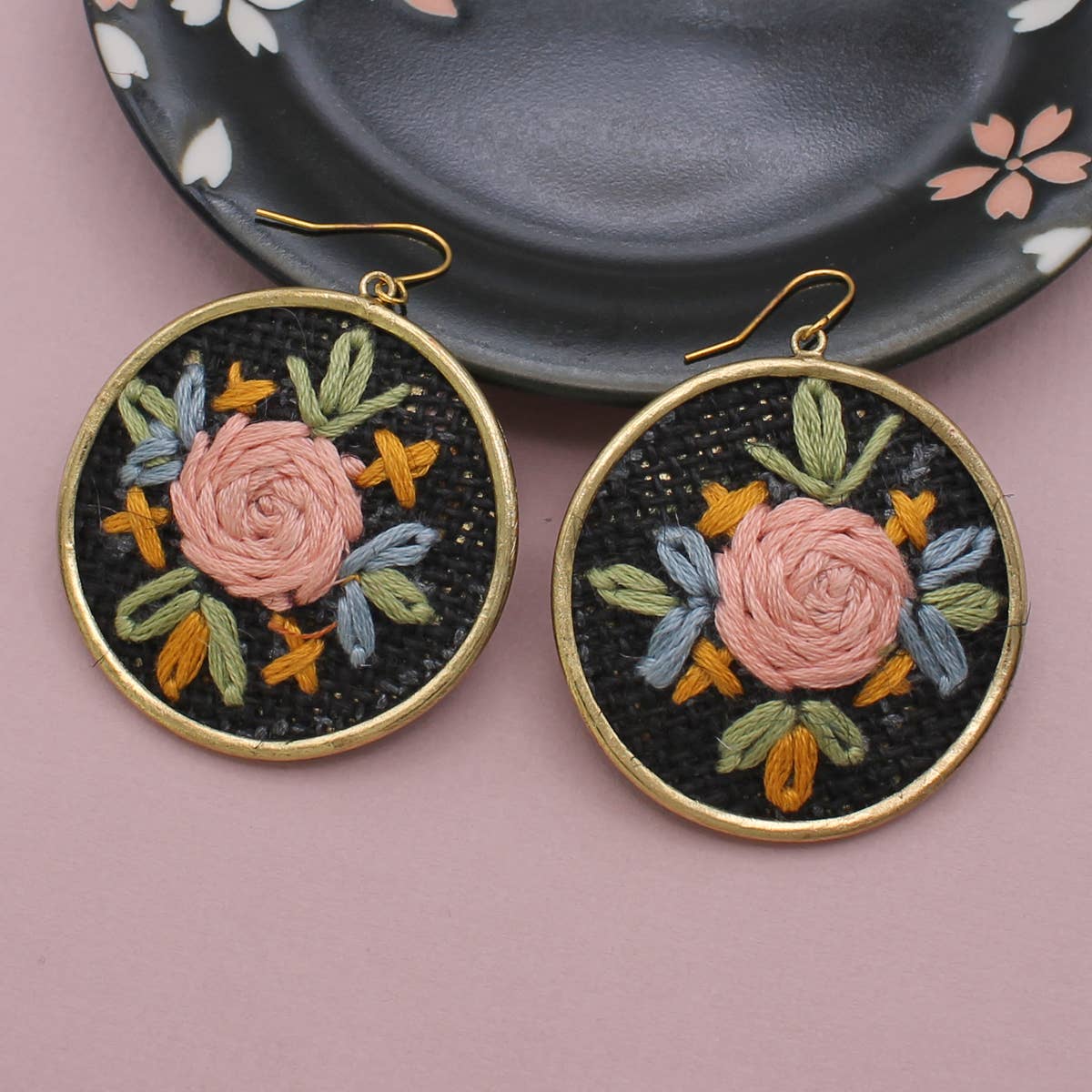ZAD - Black Floral Cross Stitch Gold Earrings