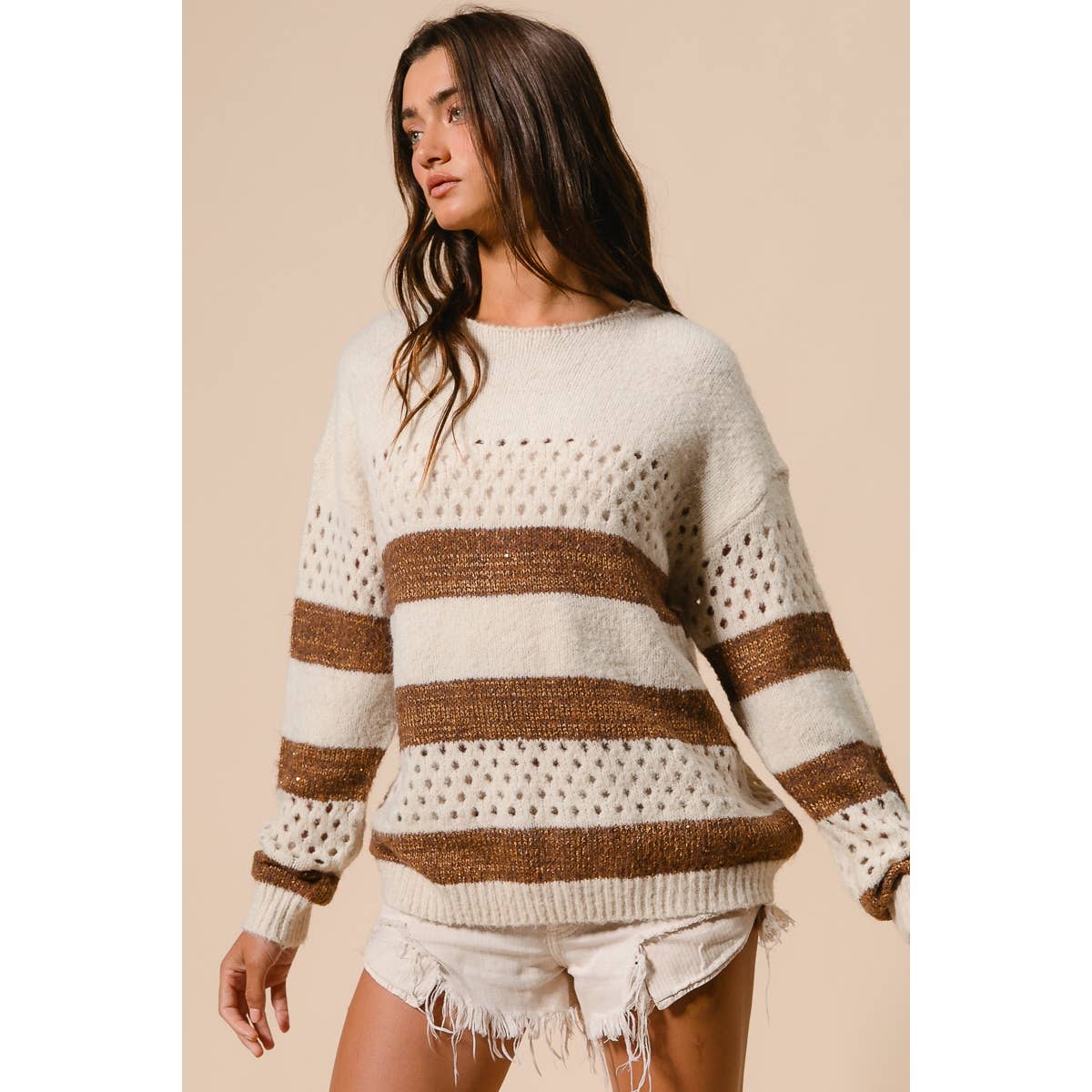 BiBi - STRIPE PATTERNED SWEATER TOP: IVORY/BROWN / M
