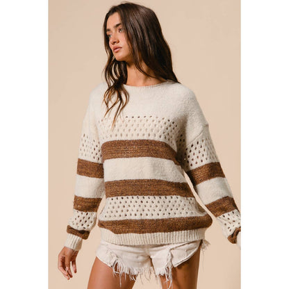 BiBi - STRIPE PATTERNED SWEATER TOP: IVORY/BROWN / M