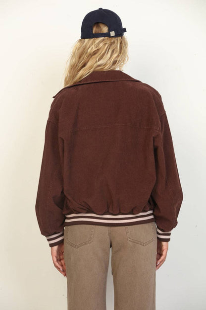 26 International - Corduroy Snap Front Oversized Varsity Jacket: Red Combo / L
