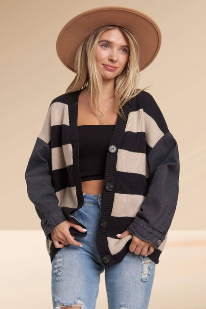 DENIM SLEEVE BLACK STRIPE SWEATER CARDIGAN