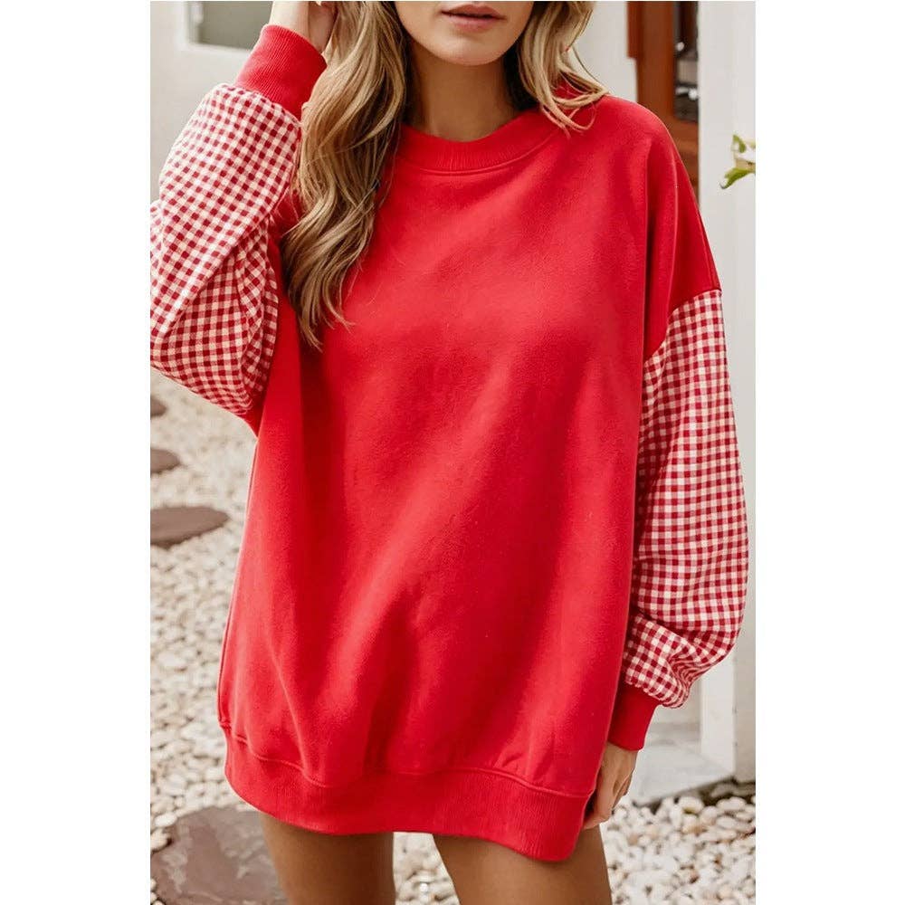 Lovesoft - Plaid Color Block Oversized Sweatshirt Casual Fall Pullover: Red / 65%Polyester+30%Viscose   +5%Elastane / M