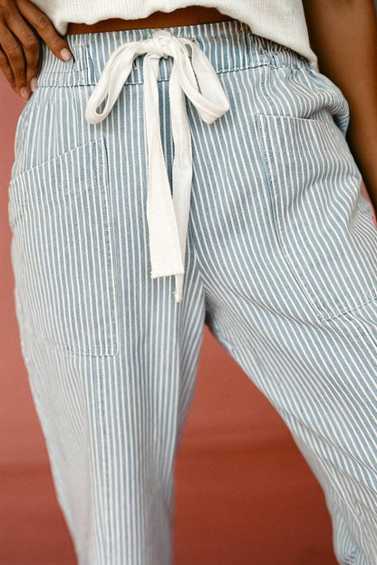 Lovesoft - Sky Blue Stripe Mid Rise Drawstring Waist Jeans: Sky Blue Stripe / 85%Cotton+15%Polyester / 10